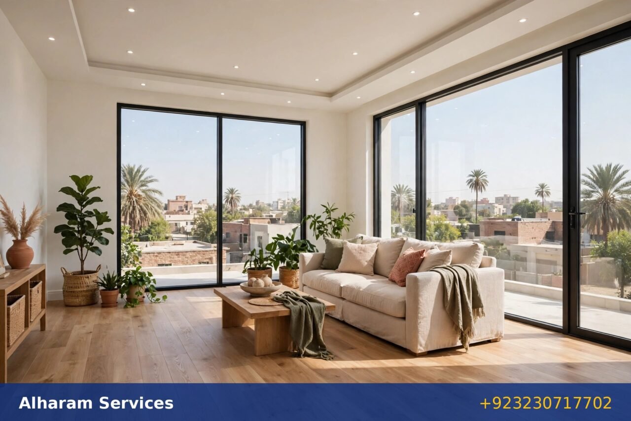 Freshly renovated living room with wooden flooring, new false ceiling and large windows in a Multan home.