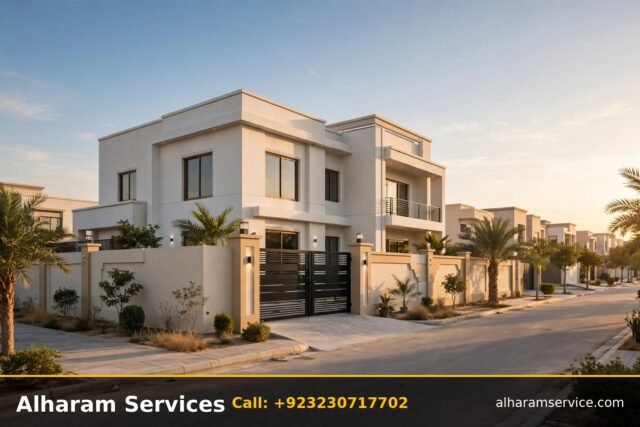 Modern newly built house with boundary wall and gate in Multan at golden hour